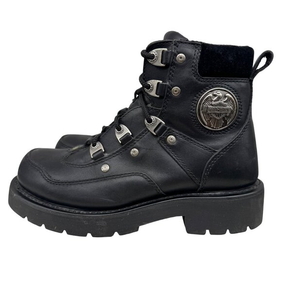 Harley Davidson 94011 Black chunky Grunge Metal Logo Motorcycle Boots Men’s sz 7 - Picture 2 of 11